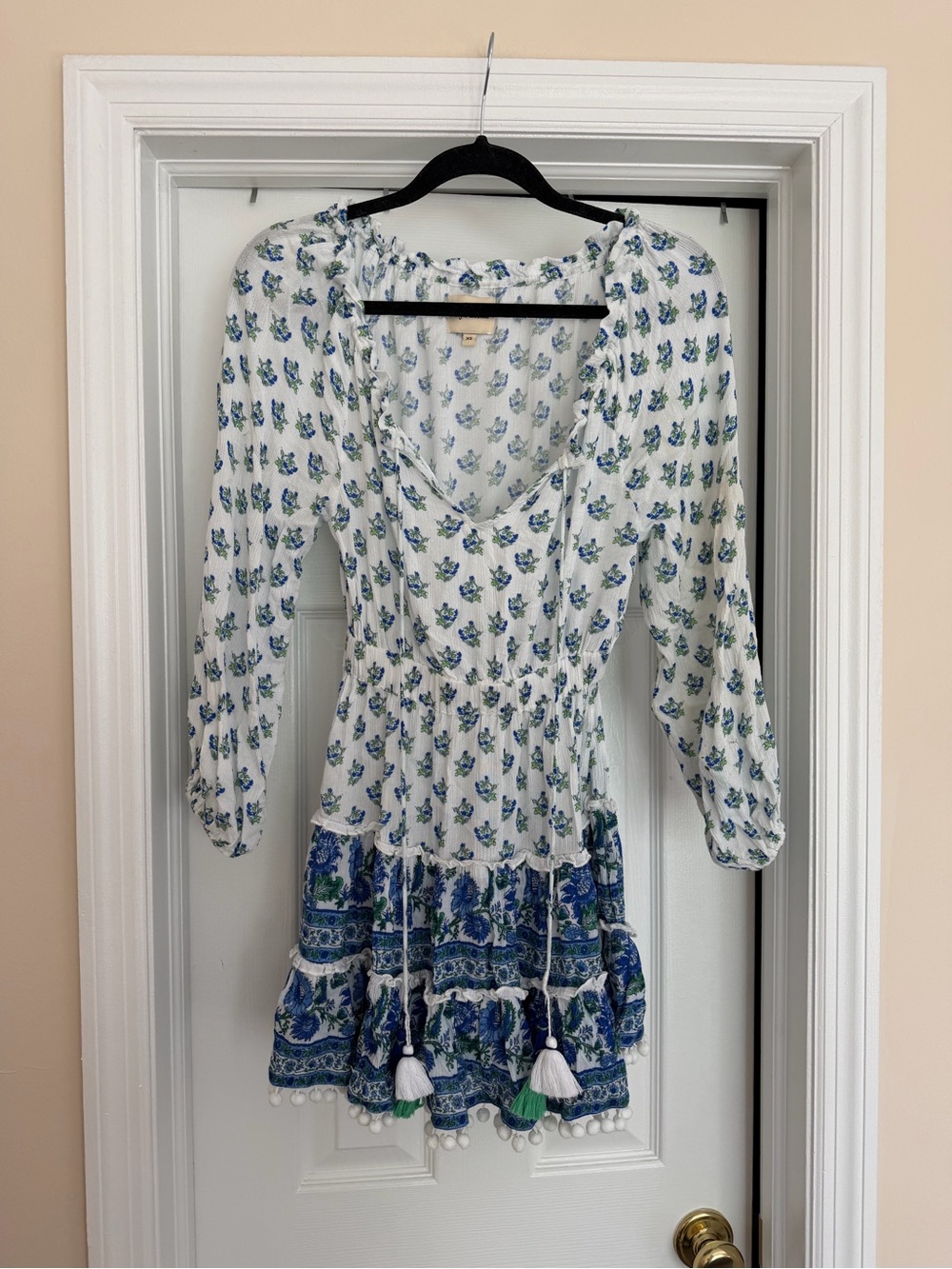White and Blue Floral Tiered Peasant Dress